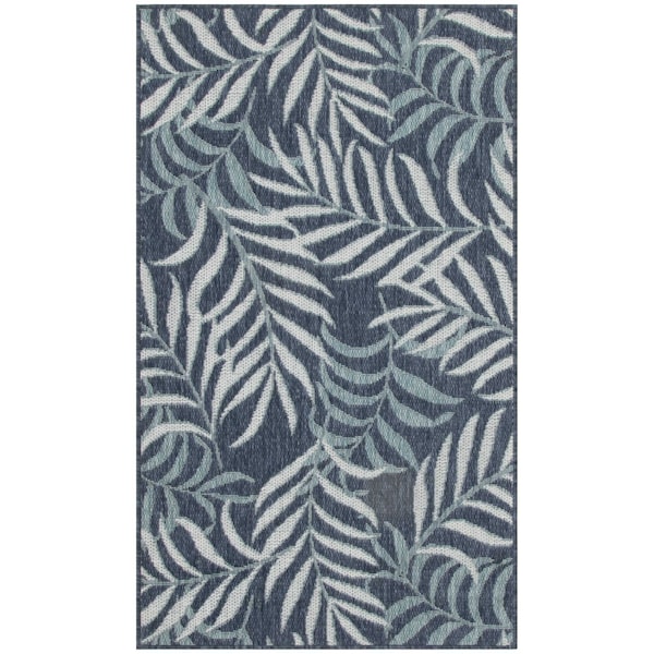 Homeroots 3' X 5' Navy Blue And Ivory Palm Leaf Indoor Outdoor Area Rug 554900 - main