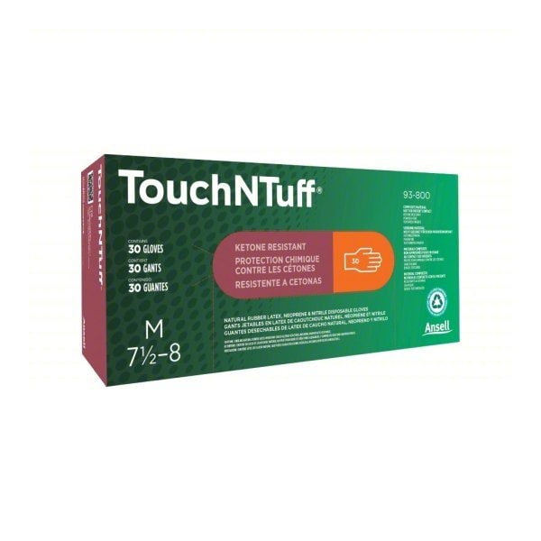 Ansell TouchNTuff, Latex/Neoprene/Nitrile, 17 mil, Powder-Free, Orange, L, 30 PK 93-800 - main