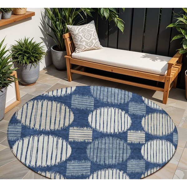Homeroots 8' Navy Blue And Ivory Round Geometric Washable Indoor Outdoor Area Rug 593608 - main