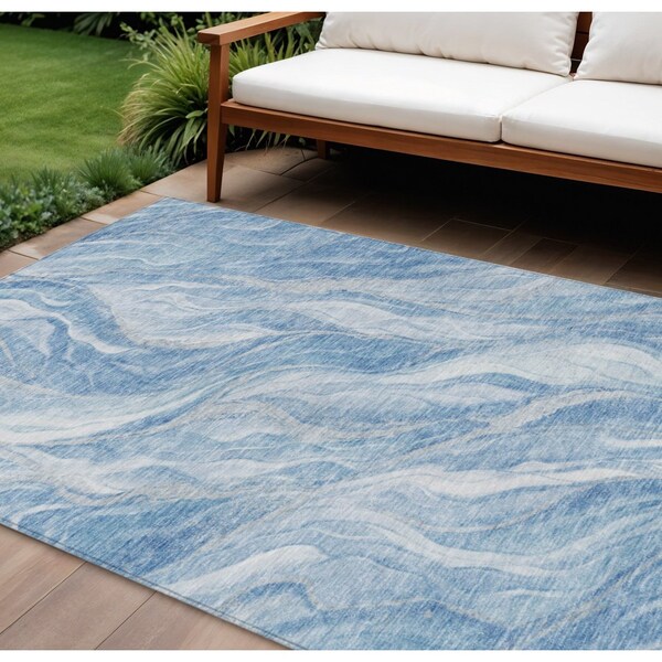 Homeroots 8' X 10' Denim Blue And Sky Blue Abstract Washable Indoor Outdoor Area Rug 582983 - main
