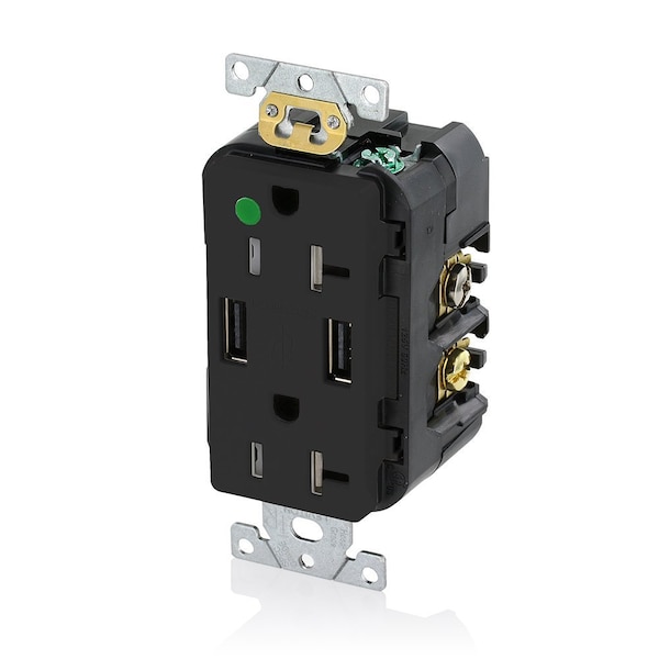 Leviton USB Charger/Duplex Tamper-Resistant Receptacle, Hospital Grade, 3.6/20 Amp, 125 Volt, Black T5832-HGE - main