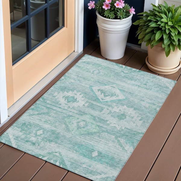 Homeroots 3' X 5' Aqua Turquoise And Ivory Southwestern Washable Indoor Outdoor Area Rug 588684 - main