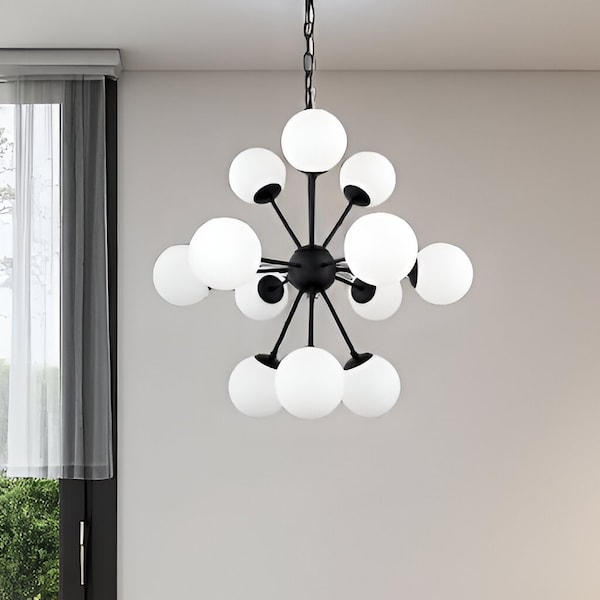 Homeroots Black Sputnik Multi Light Frosted Metal and Glass Dimmable Chandelier With White Shades 611366 - main