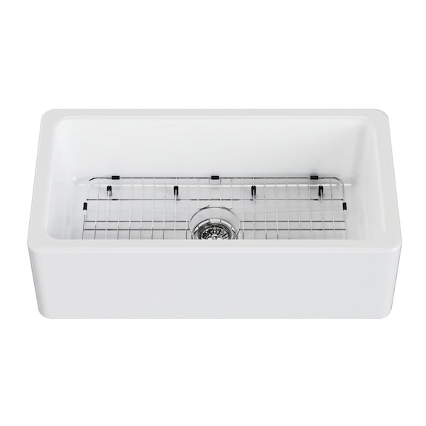 Kingston Brass 33" Fireclay Single Bowl Farmhouse Kitchen Sink with Bottom Grid and Strainer, Glossy White KGPF331810YBC - main