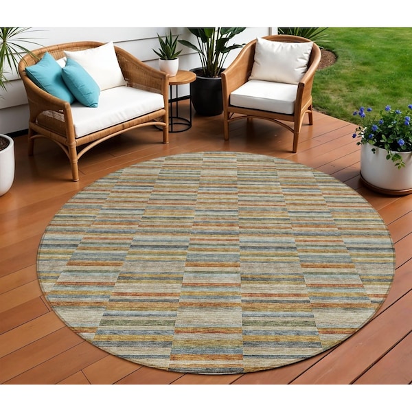 Homeroots 8' Orange Copper And Gray Round Striped Washable Indoor Outdoor Area Rug 587922 - main