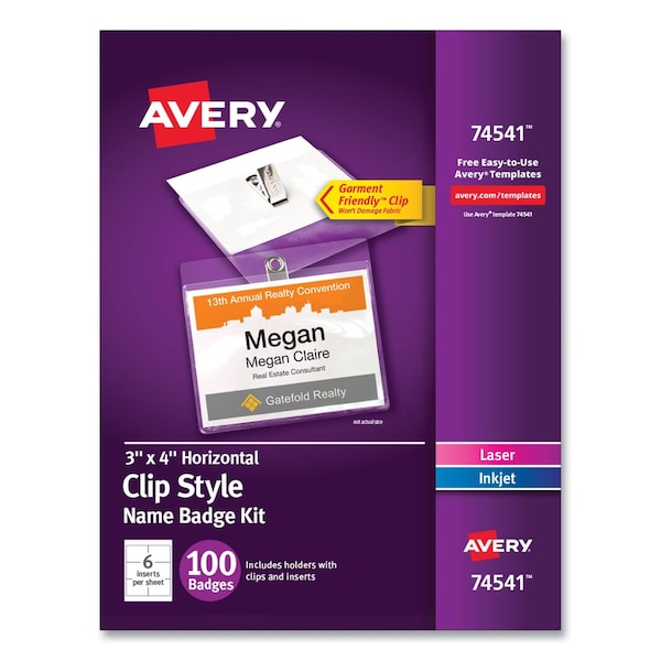 Avery Dennison Name Badge Clip, 3 x 4, White, PK100 74541 - main