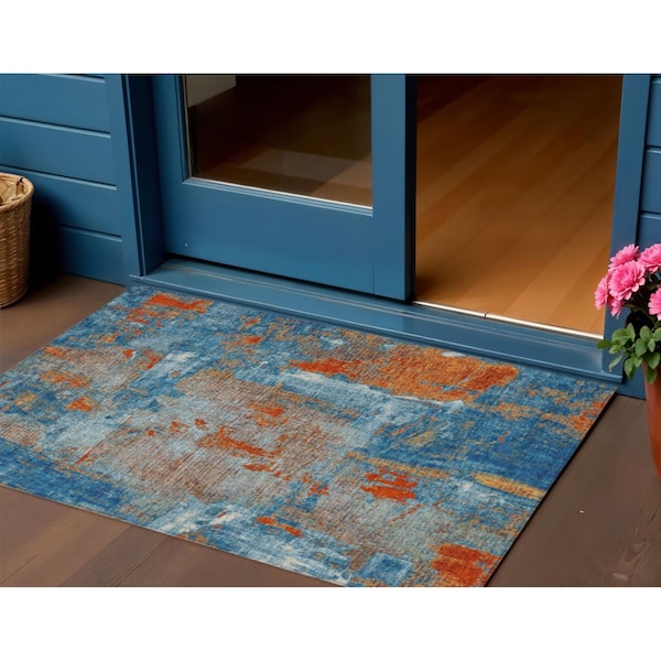 Homeroots 3' X 5' Navy Blue Orange And Ivory Abstract Washable Indoor Outdoor Area Rug 596878 - main