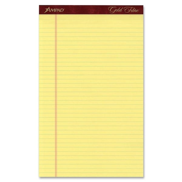Esselte Gold Fibre Pad, 8-1/2" x 14", Wide Ruled, Canary, 50 Sheets/Pad, 12 Pads/Pack 20030 - main