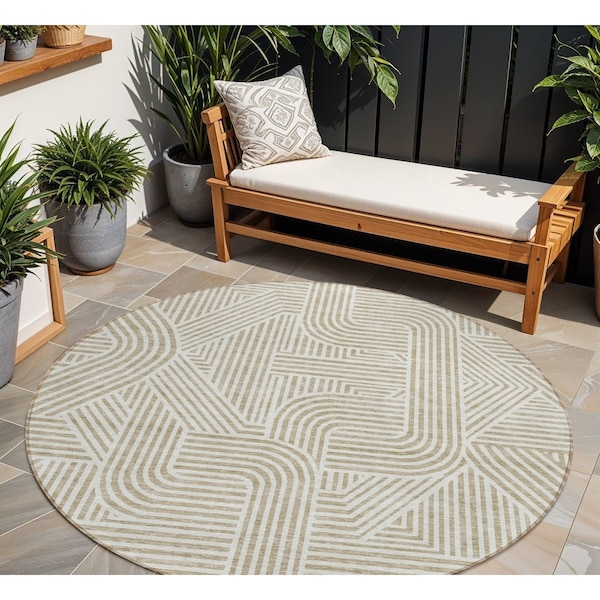 Homeroots 8' Beige And Brown Round Abstract Washable Indoor Outdoor Area Rug 594901 - main