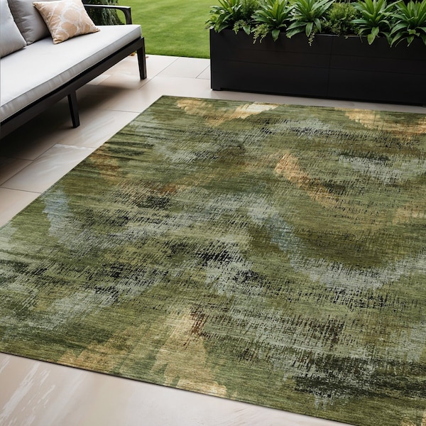 Homeroots 5' X 8' Olive Green And Gold Abstract Washable Indoor Outdoor Area Rug 587141 - main