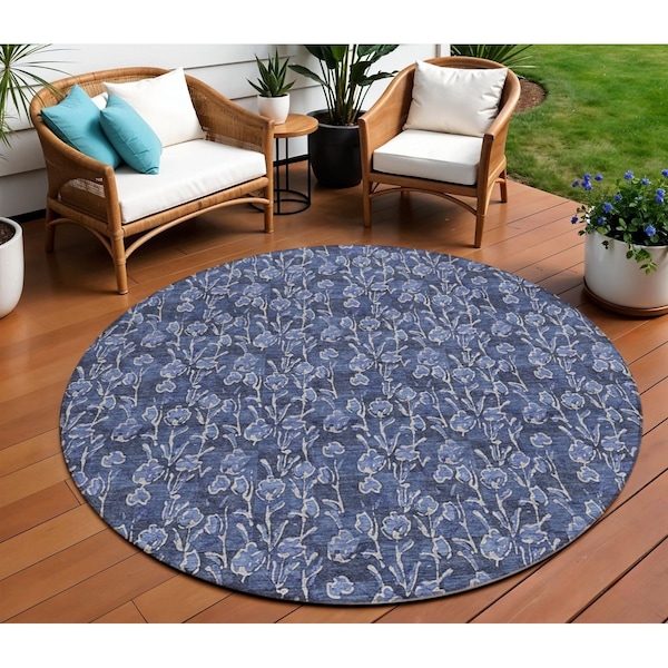 Homeroots 8' Navy Blue Denim Blue And Ivory Round Floral Washable Indoor Outdoor Area Rug 581908 - main