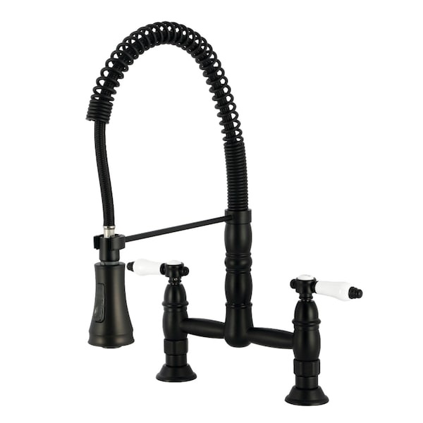 Kingston Brass Double-Handle Deck-Mount Pre-Rinse Bridge Kitchen Faucet, Matte Black GS1270BPL - main