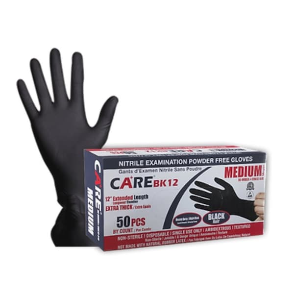 Care Disposable Gloves, Exam Grade, 6 mil Palm, Nitrile, Powder-Free, M, 50 PK, Black CBK12-510 - main