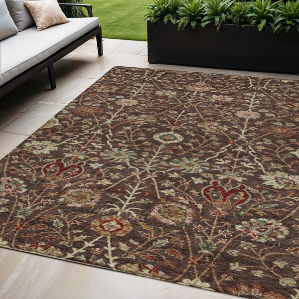 Homeroots 5' X 8' Chocolate Tan And Green Floral Washable Indoor Outdoor Area Rug 603408 - main