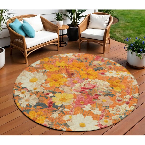 Homeroots 8' Orange Peach And Salmon Round Floral Washable Indoor Outdoor Area Rug 611206 - main