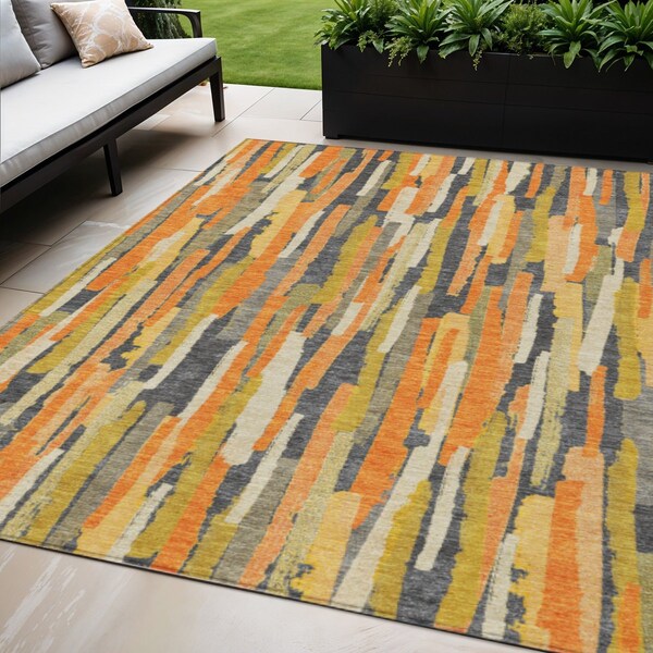 Homeroots 5' X 8' Orange And Beige Striped Washable Indoor Outdoor Area Rug 609043 - main