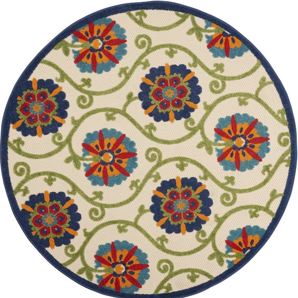 Homeroots 4' Navy Blue Beige Green Blue And Red Round Floral Indoor Outdoor Area Rug 546782 - main
