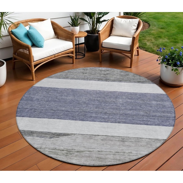Homeroots 8' Denim Blue Ivory And Gray Round Abstract Washable Indoor Outdoor Area Rug 615262 - main