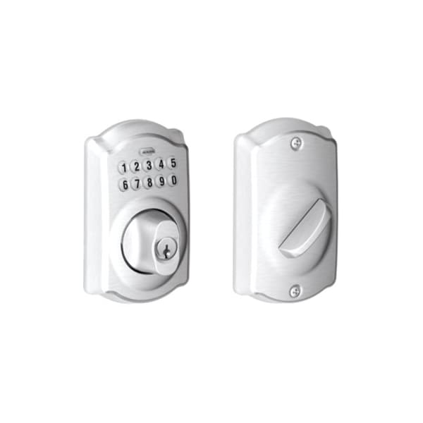 Schlage Residential Grade 2 Pushbutton Deadbolt Lock, Camelot Trim, Satin Chrome Finish BE365 CAM 626 - main