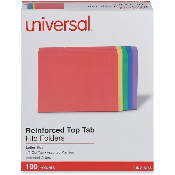 Universal Universal File Folders, 1/3 Cut Double-Ply Top Tab, Letter, Assorted Colors, 100/Box UNV16166*** - main