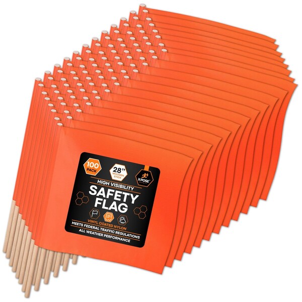 Xpose Safety 18in x 18in Orange Warning/Safety Flag with 28in Wood Staff, 100PK WF28-18-100-X - main