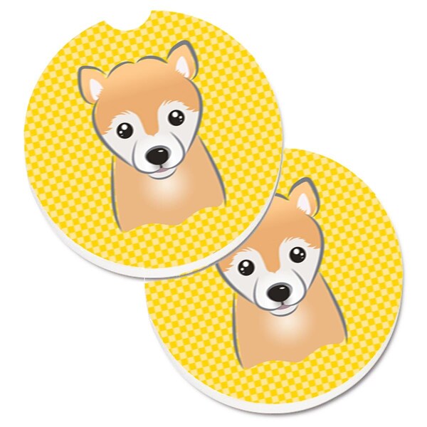 Carolines Treasures Yellow Checkered Shiba Inu Set of 2 Cup Holder Car Coaster BB1133CARC - main