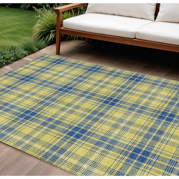 Homeroots 8' X 10' Yellow Blue And Ivory Plaid Washable Indoor Outdoor Area Rug 597138 - main