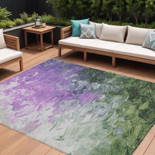Homeroots 8' X 10' Purple Olive Green And Silver Abstract Washable Indoor Outdoor Area Rug 617368 - main