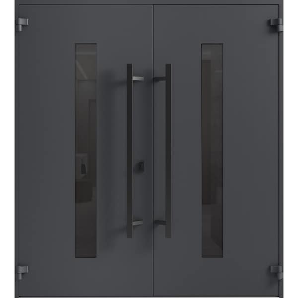 Vdomdoors Front Exterior Prehung Aluminum Double Doors Ronex0130 Grey Mirrored Clear Glass Entry Metal Modern RONEX0130DEXD-GRE-W72xH80-RH-I - main
