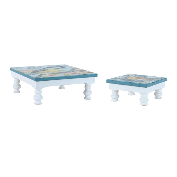Homeroots Set of Two Blue And White Solid and Manufactured Wood Floral Square Riser Tray 634496 - main