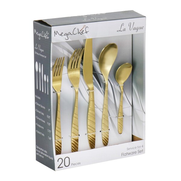 Megachef La Vague 20 Piece Flatware Utensil Set, Stainless Steel Service for 4 in Matte Gold MCFW-LA VAGUE-MATTEGOLD - main