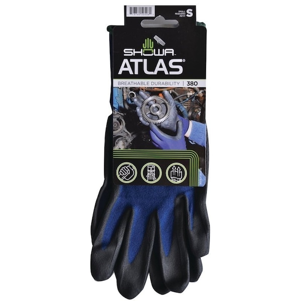 Showa Atlas Showa Coated Gloves, S, 8-21/32 to 10-15/64 in L, Elastic Cuff, Nitrile Foam Coating, Black/Blue 380S-06.RT - main