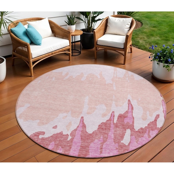 Homeroots 8' Blush And Pink Round Abstract Washable Indoor Outdoor Area Rug 613622 - main