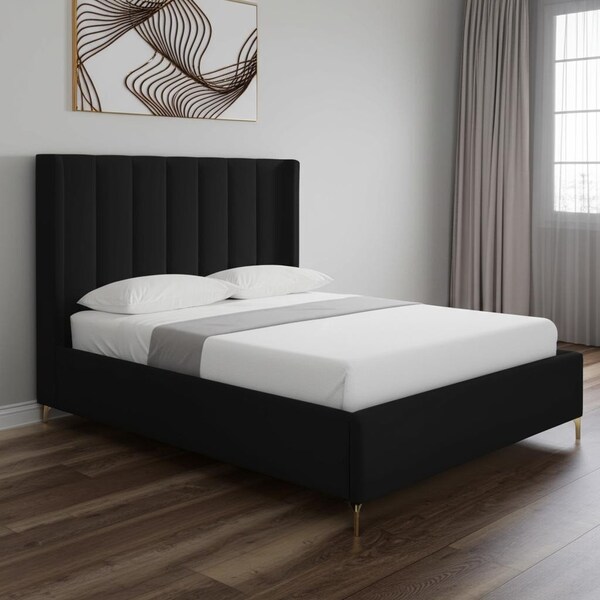 Homeroots Black Velvet Upholstered Queen Bed Frame 544822 - main