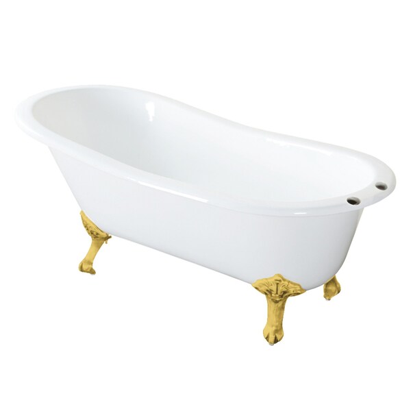 Kingston Brass 57" Cast Iron Oval Single Slipper Clawfoot Tub, 7" Faucet Drillings, White/Brushed Brass VCT7D5731B7 - main