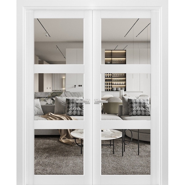 Sartodoors Solid French Double Doors Clear Glass 3 Lites, Lucia 2555 White Silk, Wood Solid Panel Frame Trims LUCIA2555DD-WS-6096 - main