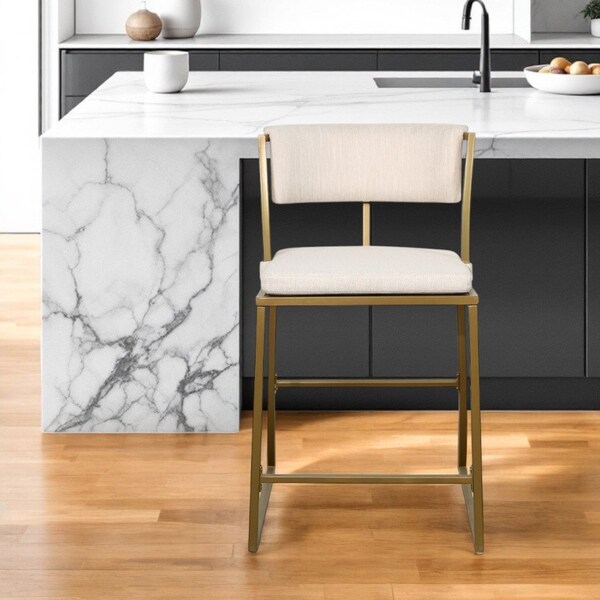 Homeroots 25" Beige And Antiqued Brass Steel Low Back Counter Height Bar Chair 534319 - main