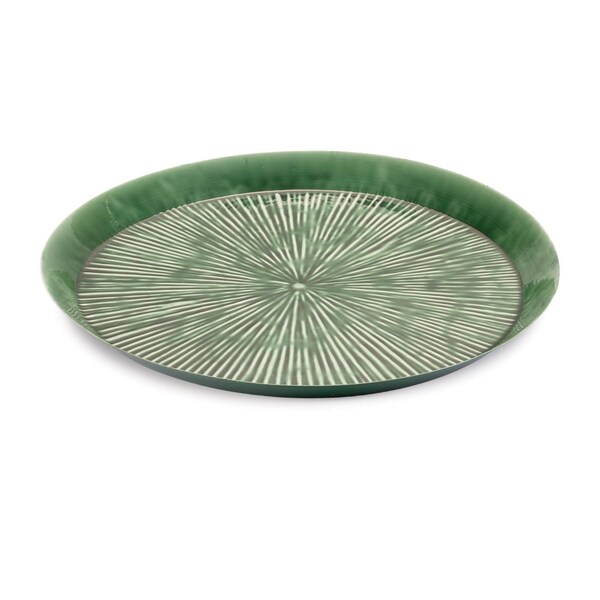 Homeroots 14" Green Metal Etched Round Serving Tray 634509 - main