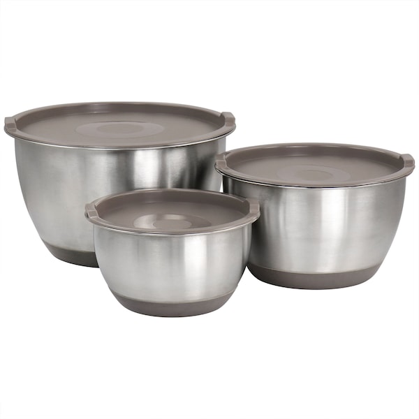 Martha Stewart 3 Piece Stainless Steel Mixing Bowl Set with Lids in Taupe 129078.06 - main