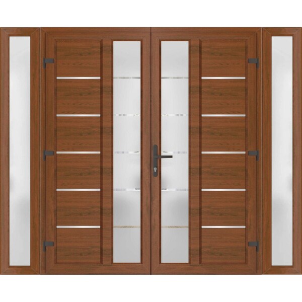 Vdomdoors Front Exterior Prehung Metal-Plastic Double Doors / MANUX 8088 Walnut / 2 Sidelites Exterior WindoW MANUX8088DEXD-WLN-LH-W14+72+14xH80 - main