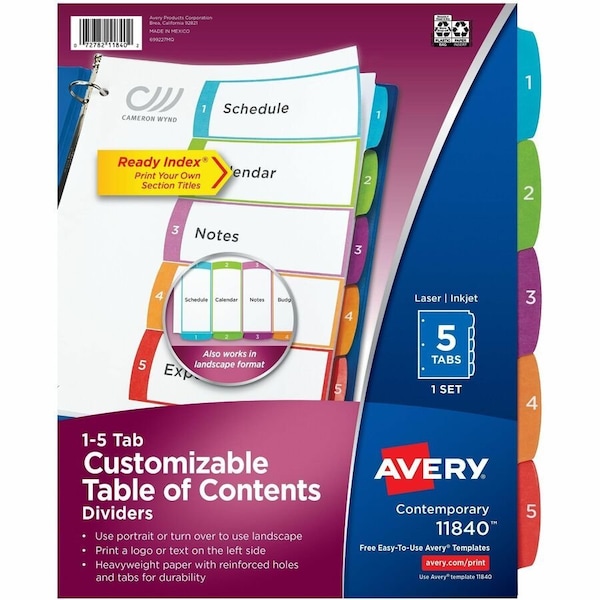 Avery Dennison Avery, CUSTOMIZABLE TOC READY INDEX MULTICOLOR DIVIDERS, 1-5, LETTER 11840 - main