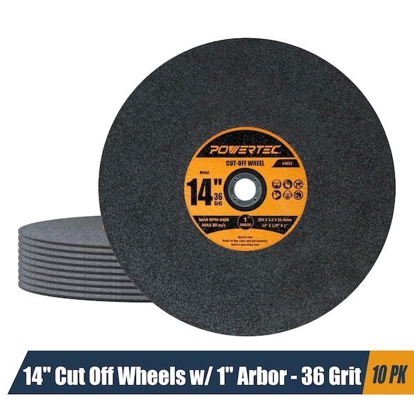 Powertec 14" Metal Cut Off Wheels, Iridium-Coated Aluminum Oxide 36 Grit, 1/8" Thick with 1" Arbor, 10PK 14022-P2 - main
