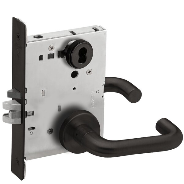 Schlage Grade 1 Entrance Office Mortise Lock, FSIC Less Core, 03 Lever, A Rose, Flat Black Coated F L9050J 03A 622 - main