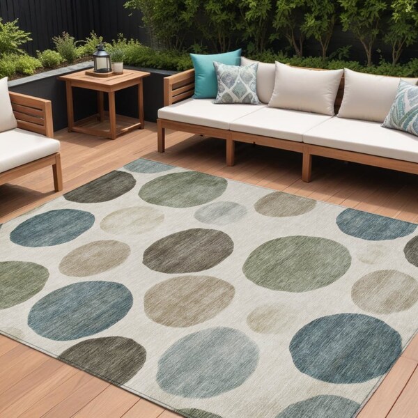 Homeroots 9' X 12' Ivory Fern Green And Teal Blue Geometric Washable Indoor Outdoor Area Rug 630577 - main