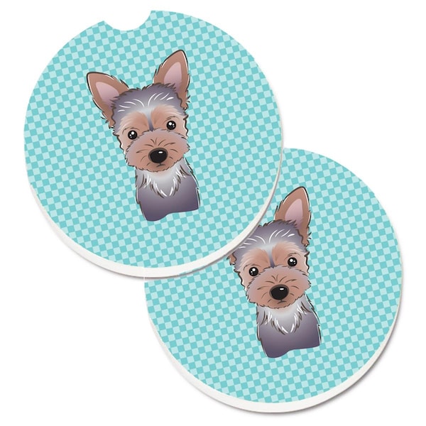 Carolines Treasures Checkerboard Blue Yorkie Puppy Set of 2 Cup Holder Car Coaster BB1170CARC - main