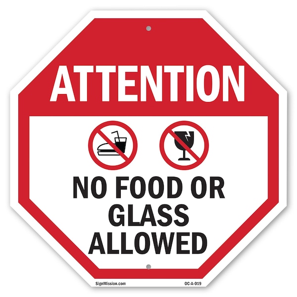 Signmission Attention No Food or Glass Allowed, 10 Inch X 10 Inch, Aluminum Metal Signs OC-A-10-19 - main