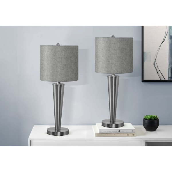 Monarch Specialties Lighting, Set Of 2, 24 in.H, Table Lamp, Usb Port, Nickel Metal, Grey Shade I 9642 - main