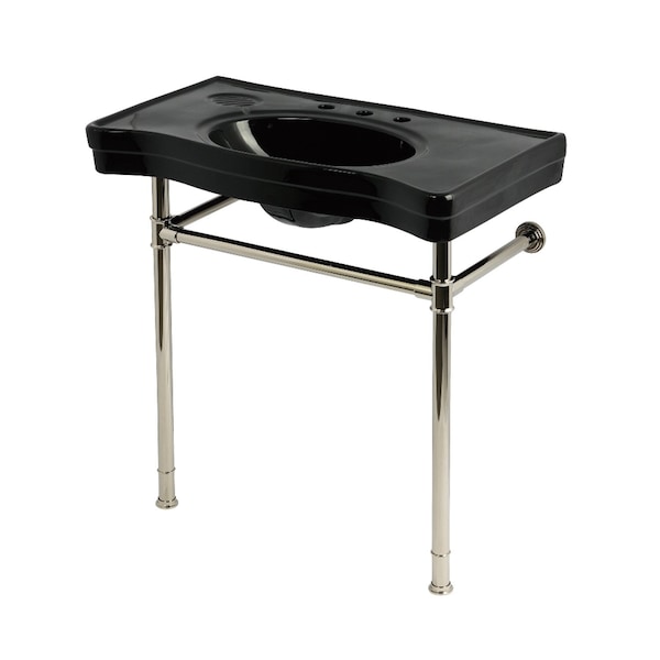 Kingston Brass 36" Ceramic Console Sink with Stainless Steel Legs, 8-Inch, 3-Hole, Black/Polished Nickel KVPB36198K386 - main
