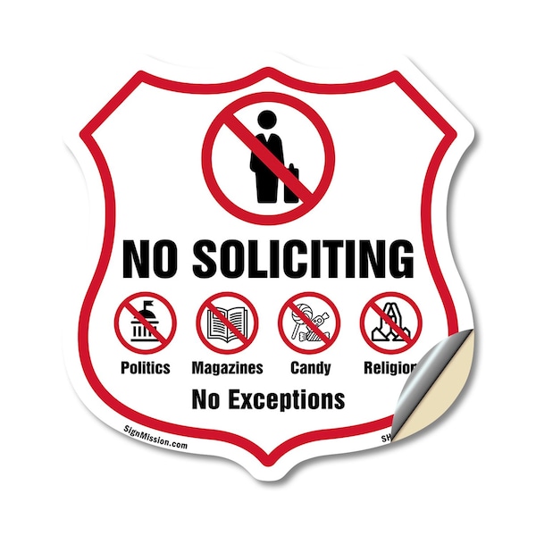 Signmission No Soliciting Shield Sign No Politics Ma, 18 Inch X 18 Inch, Vinyl Decal SHI-D-18-403 - main