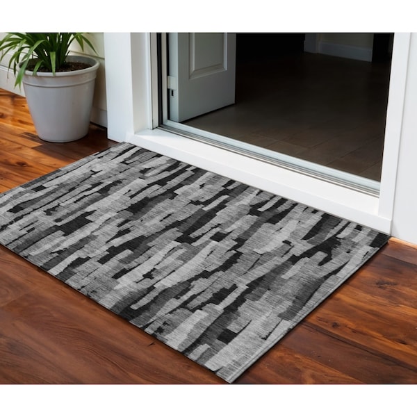 Homeroots 3' X 5' Gray And Black Striped Washable Indoor Outdoor Area Rug 603221 - main